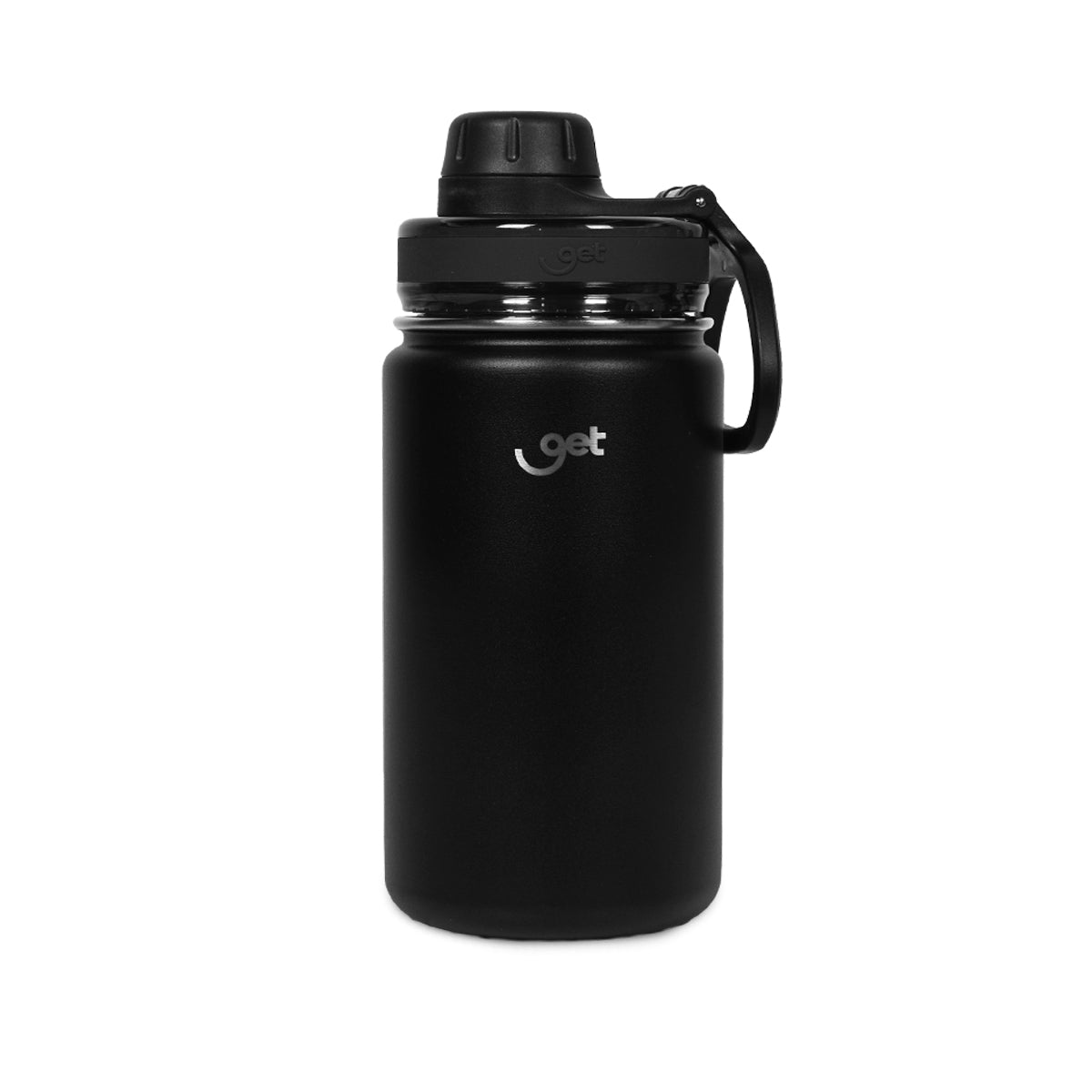 Garrafa Térmica GET Trity 350ml preta, compacta e prática para manter bebidas quentes ou frias, fabricada em aço inoxidável.