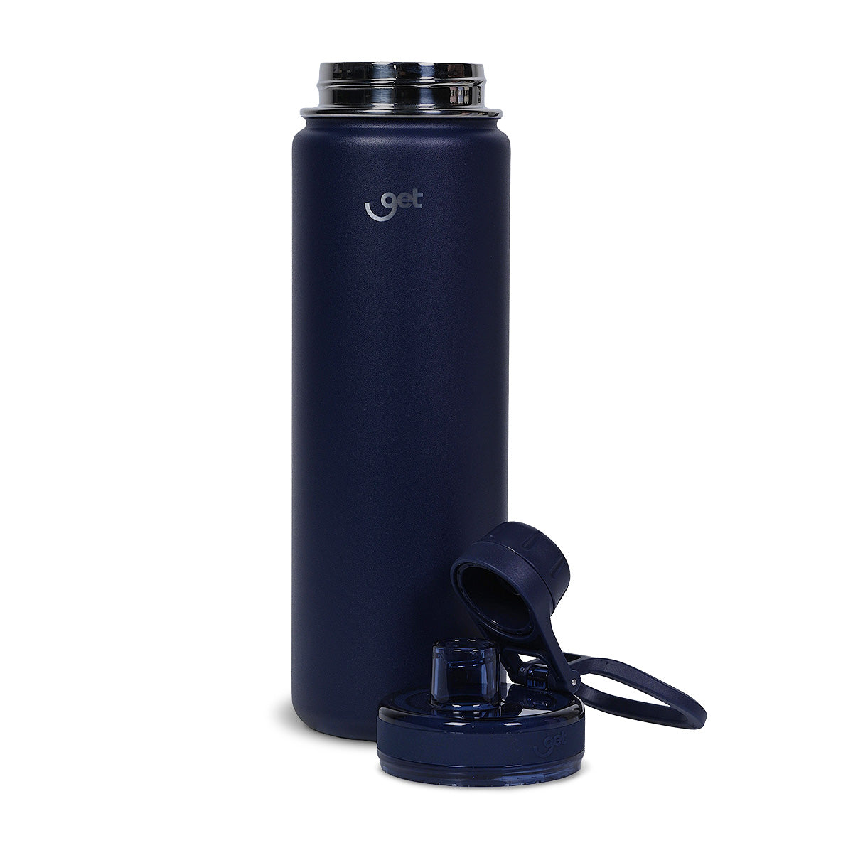 Garrafa Térmica GET Trity 750ml inox azul com tampa removível, ideal para manter bebidas quentes ou frias, com design moderno.