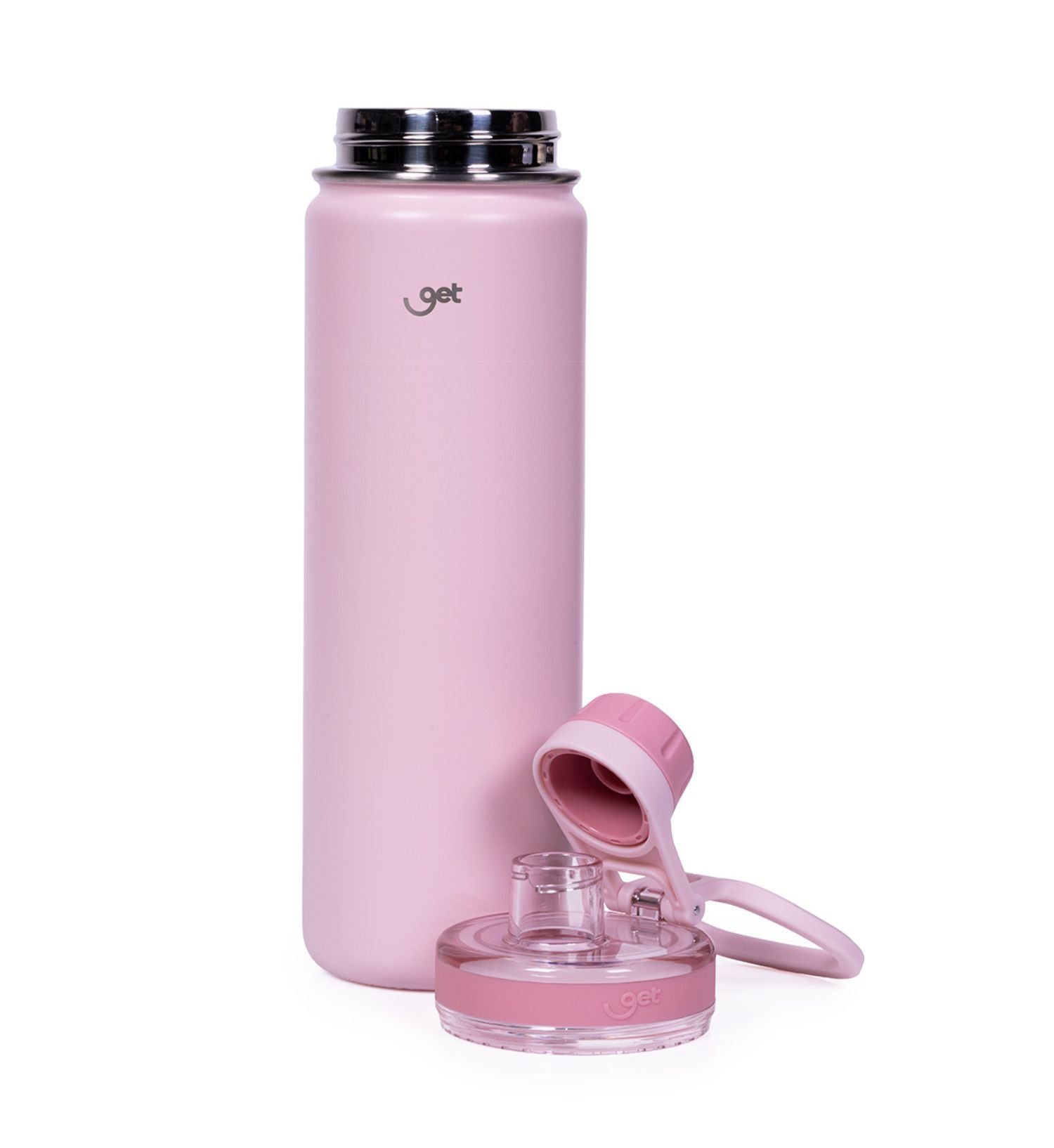 Garrafa Térmica GET Trity 750ml rosa com tampa e design moderno em aço inoxidável para manter bebidas quentes ou frias.
