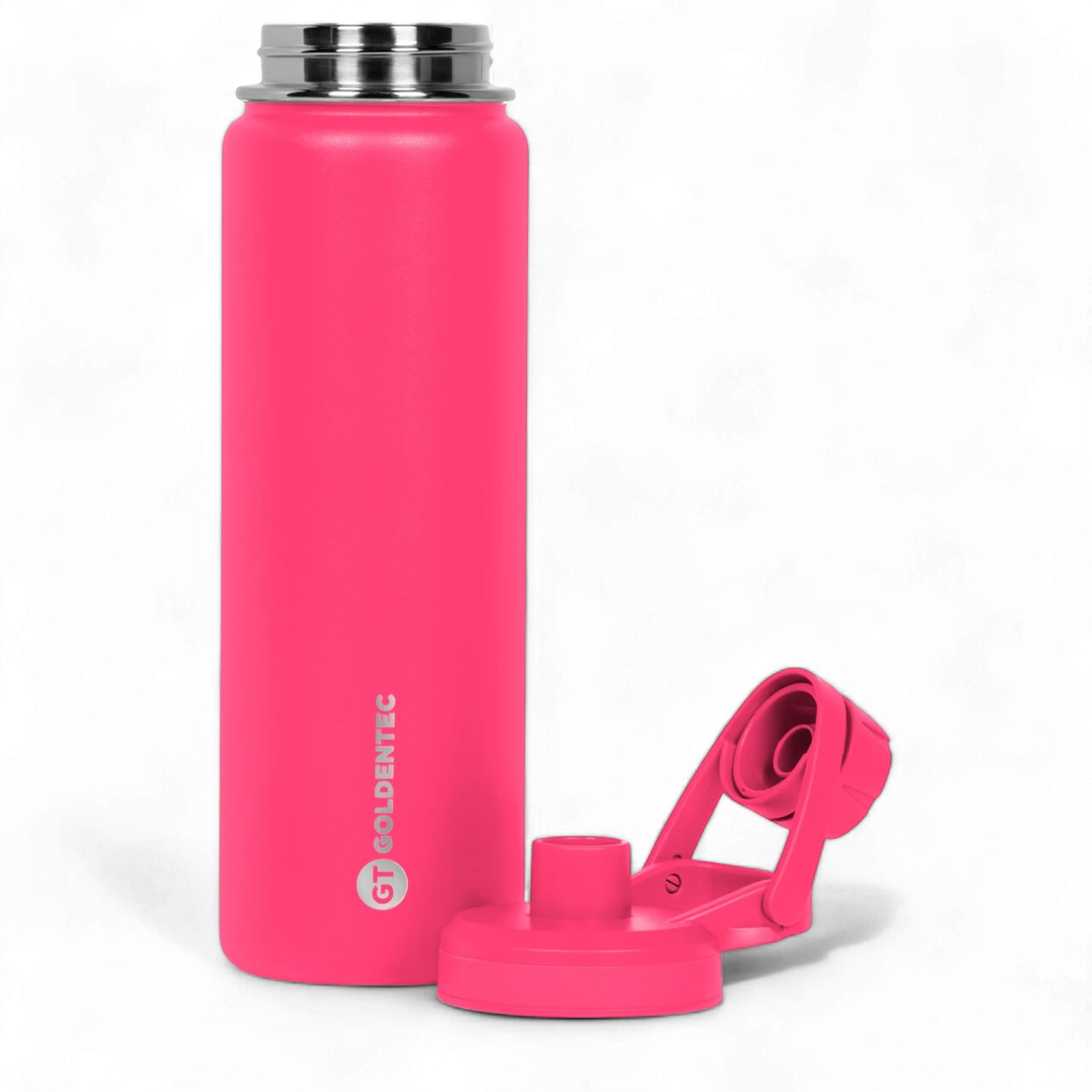 Garrafa Térmica Goldentec 750ml rosa com design moderno, isolamento a vácuo para manter bebidas quentes e frias, tampa aberta ao lado.