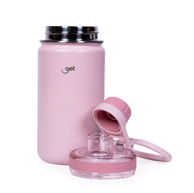 Garrafa Térmica GET Trity 350ml rosa com tampa removível, compacta e prática para manter bebidas quentes ou frias por mais tempo.