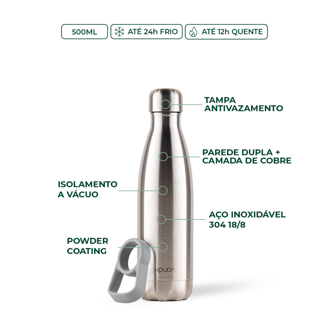 Garrafa Térmica Kouda Grey 500 ml Prata, infográfico com as características