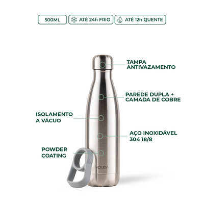 Garrafa Térmica Kouda Grey 500 ml Prata, infográfico com as características