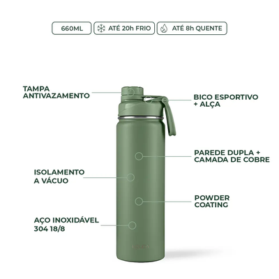 Garrafa Térmica Kouda Ladakh, 660 ml Verde, infográfico com as características