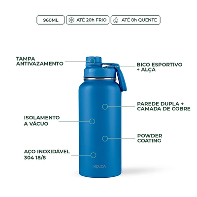 Garrafa Térmica Kouda Ladakh, 960 ml Azul, infográfico com as características