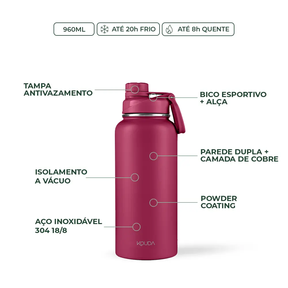 Garrafa Térmica Kouda Ladakh – 960ml na cor Marsala