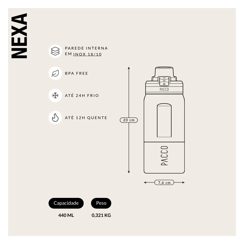 Garrafa térmica Nexa 440ml da PACCO na cor preta