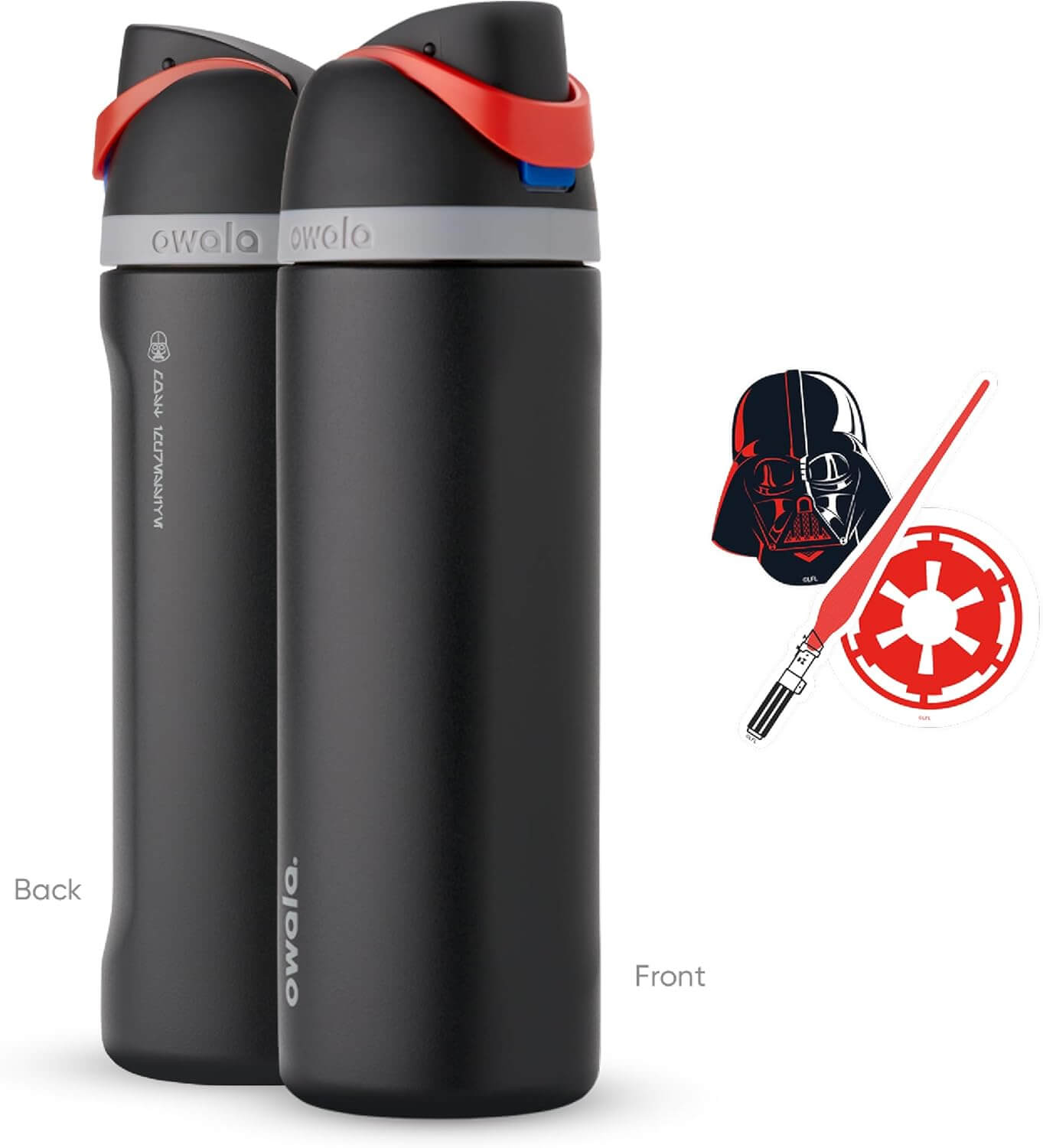 Garrafa Térmica Owala FreeSip - 710ml | 24oz, design Star Wars, vista frontal e traseira, com tampa inovadora e adesivo temático.