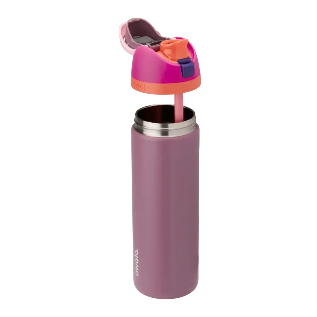 Garrafa térmica Owala FreeSip 710ml com design inteligente e duas formas de beber, rosa e roxo.