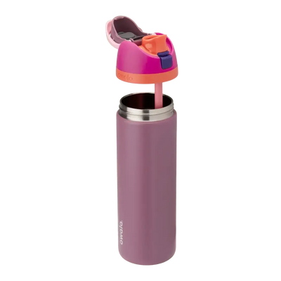 Garrafa térmica Owala FreeSip 710ml com design inteligente e duas formas de beber, rosa e roxo.