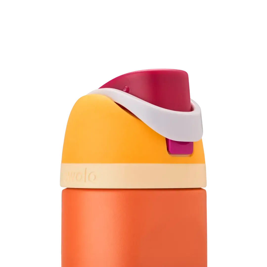 Garrafa térmica Owala FreeSip laranja e amarela com design inteligente, capacidade de 710 ml.