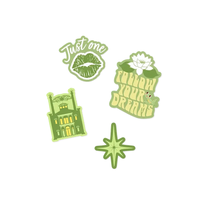 Conjunto de adesivos temáticos verdes com frases motivacionais e desenhos diversos, incluindo "Just One" e "Follow Your Dreams".