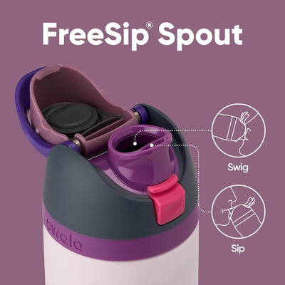 Garrafa Térmica Owala FreeSip - 710ml | 24oz com bico FreeSip® e detalhes sobre duas formas de beber, roxo e rosa.