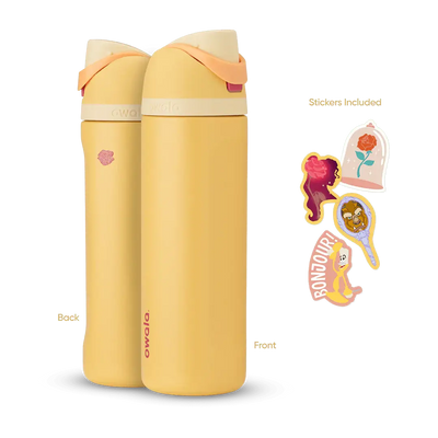Garrafa Térmica Owala FreeSip - 710ml | 24oz em amarelo; design inteligente com adesivos decorativos.