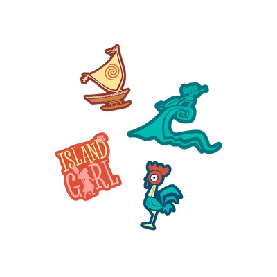 Conjunto de adesivos coloridos com temas de ilha, incluindo um barco, figura de onda, "Island Girl" e um galo estilizado.