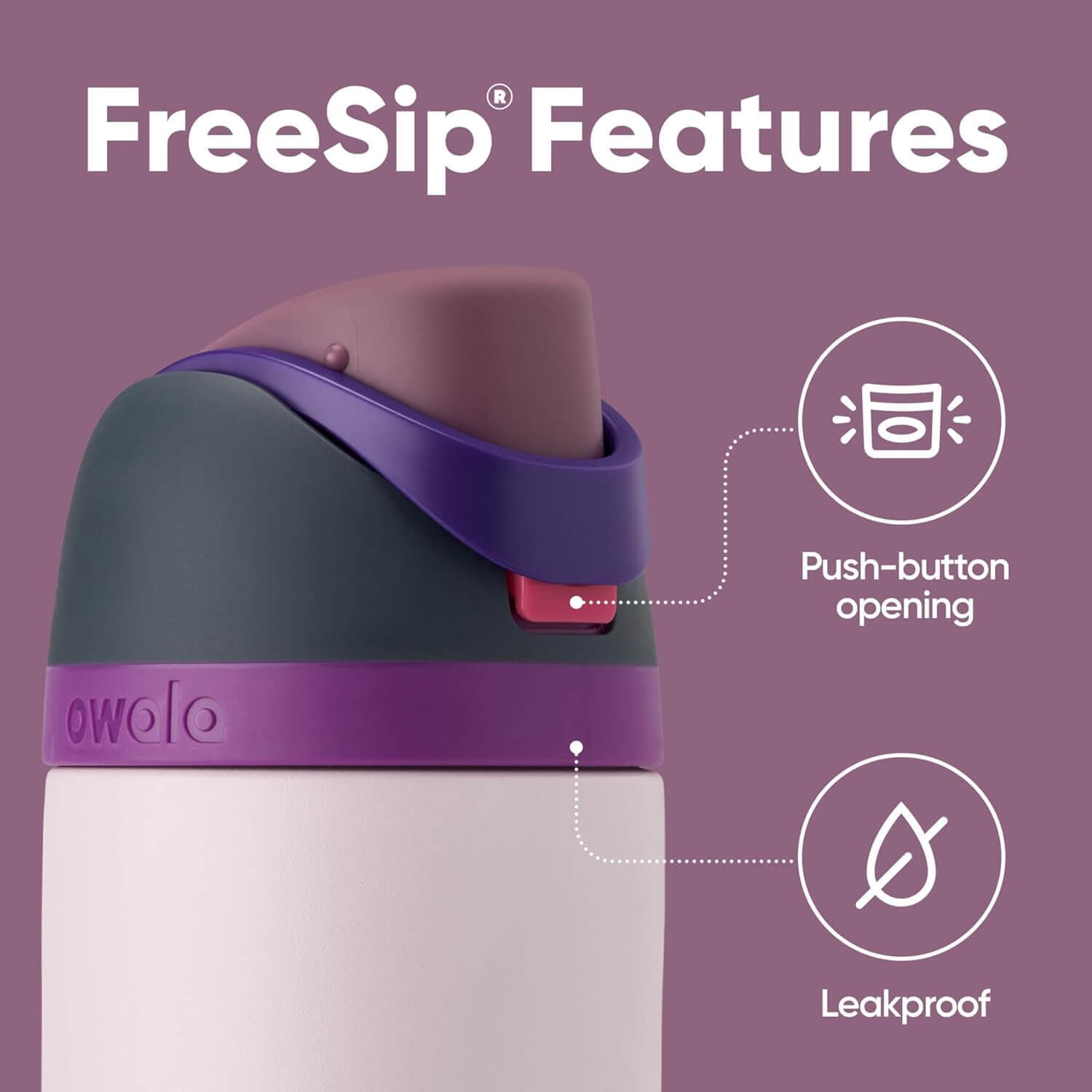 Recursos da Garrafa Térmica Owala FreeSip - 710ml | 24oz, com tampa de abertura rápida e design à prova de vazamentos.