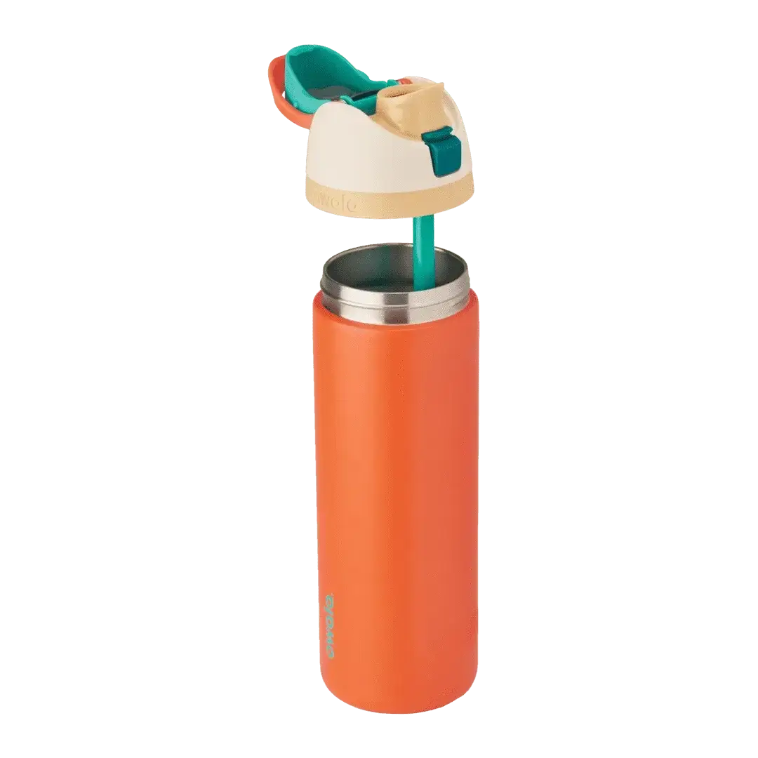 Garrafa térmica Owala FreeSip 710ml cor laranja com design inteligente para duas formas de beber.
