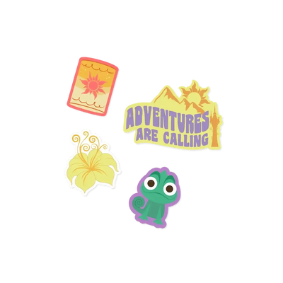 Colorful adventure-themed stickers including a purple and green character and inspirational text 'Adventures Are Calling.'