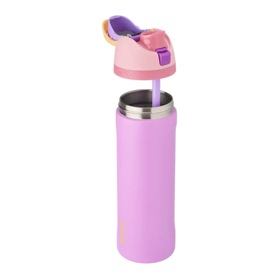 Garrafa térmica Owala FreeSip rosa e lilás de 710 ml com design inteligente para duas formas de beber.