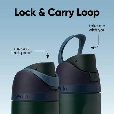 Garrafa Térmica Owala FreeSip - 710ml | 24oz com loop de transporte e tampa à prova de vazamentos, destacando praticidade e segurança.