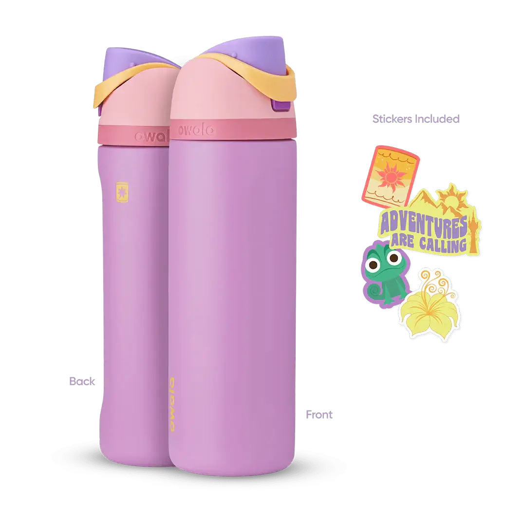 Garrafa térmica Owala FreeSip 710ml em lilás com design inteligente e adesivos coloridos.