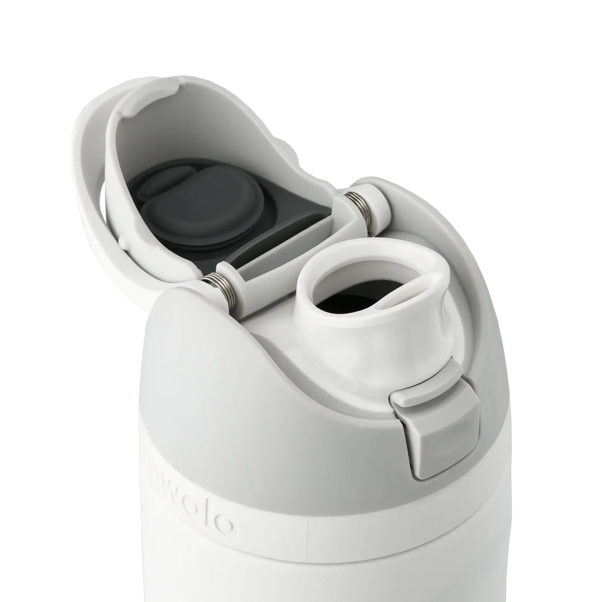 Garrafa Térmica Owala FreeSip 710ml Laço Leve White Marshmallow, com a tampa aberta