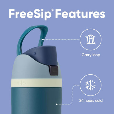 Recursos da Garrafa Térmica Owala FreeSip - 710ml | 24oz, com alça para transporte e manutenção de temperatura por 24 horas.