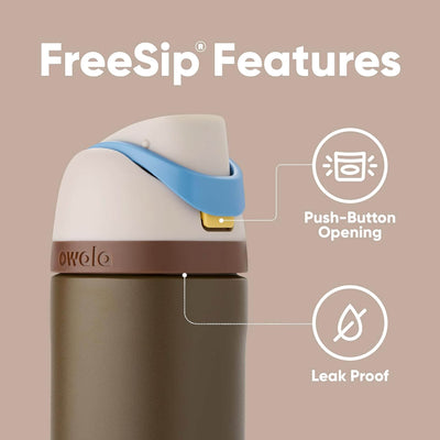 Garrafa Térmica Owala FreeSip - 710ml | 24oz com tampa de abertura rápida e design à prova de vazamento, destacando recursos FreeSip.