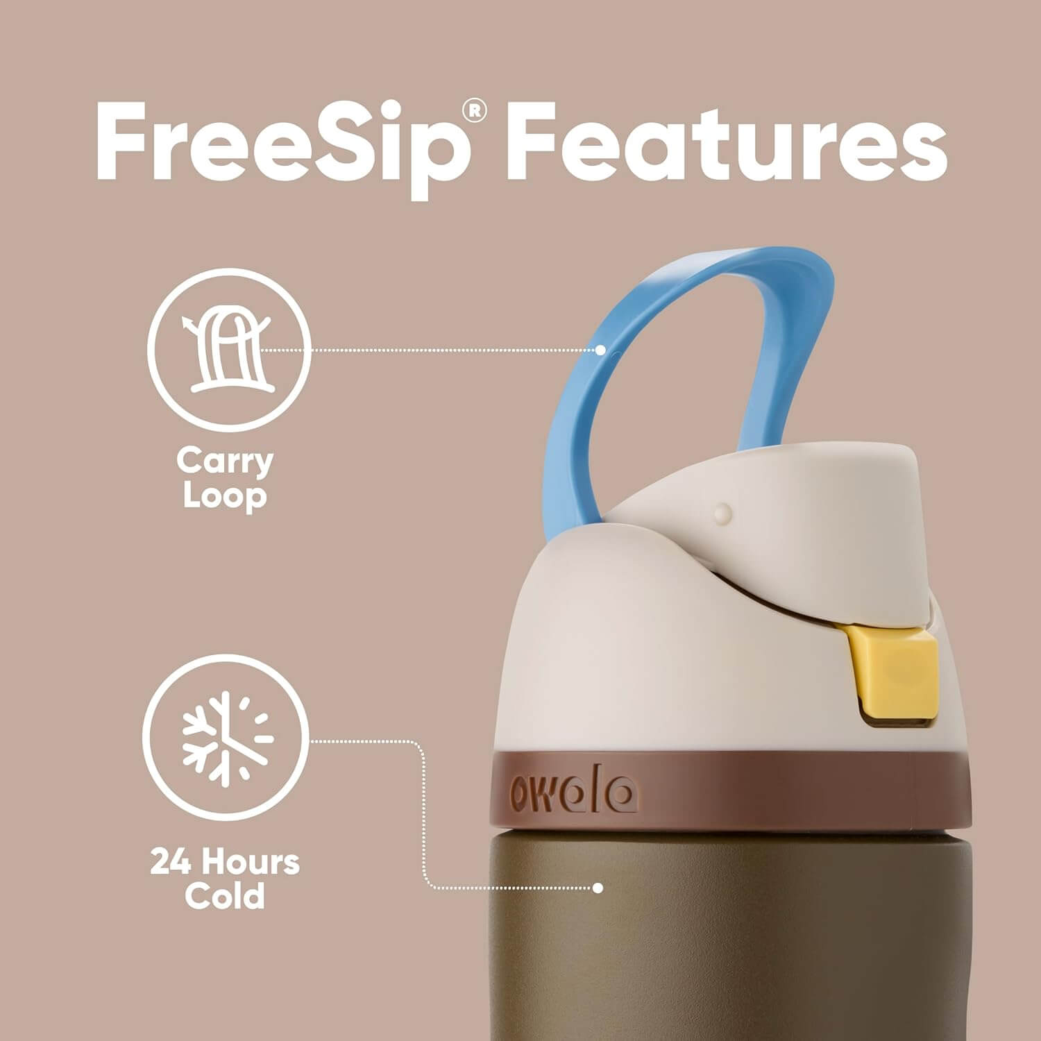 Garrafa Térmica Owala FreeSip - 710ml | 24oz com alça e isolação de 24 horas fria, destacando recursos inovadores FreeSip.