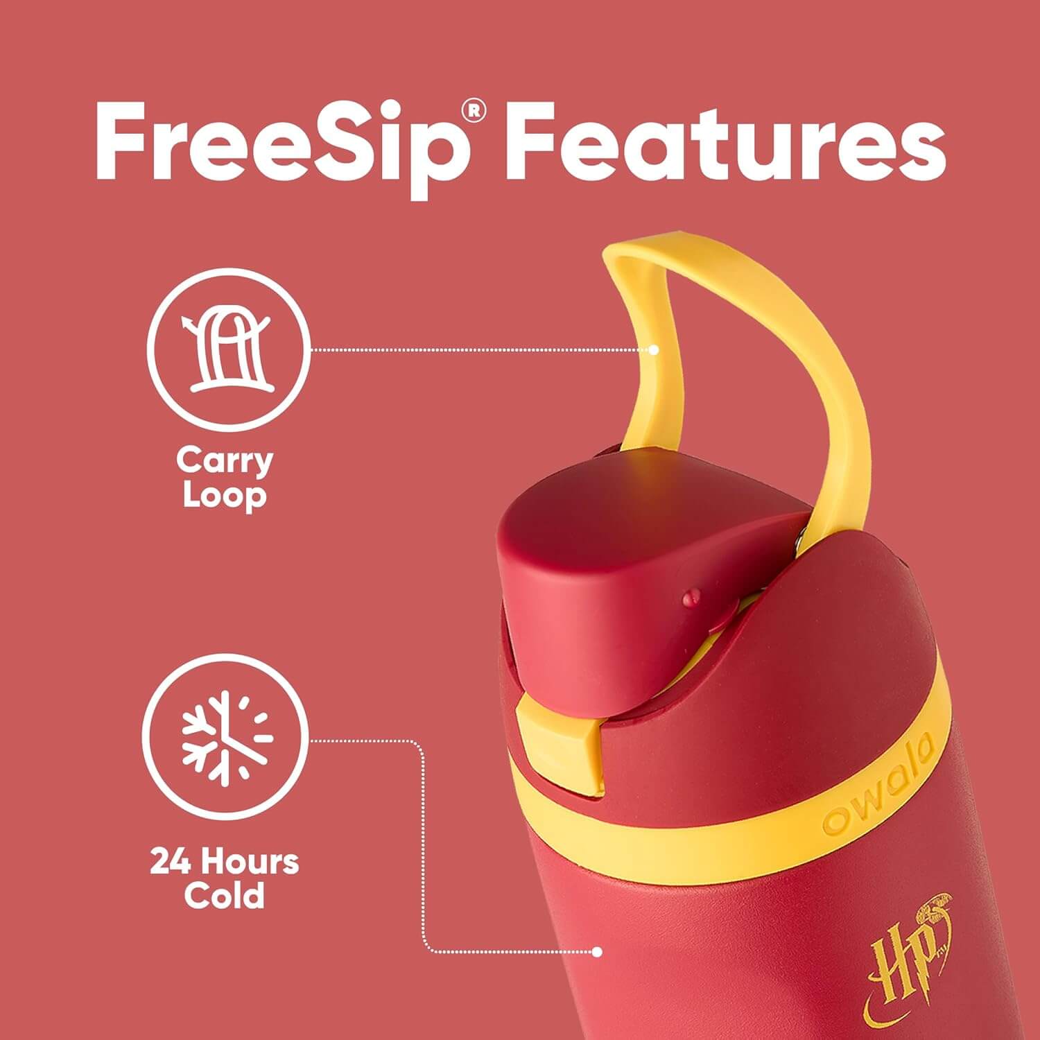 Detalhes da garrafa térmica Owala FreeSip - 710ml | 24oz, destacando o laço para transporte e a capacidade de manter a bebida fria por 24 horas.