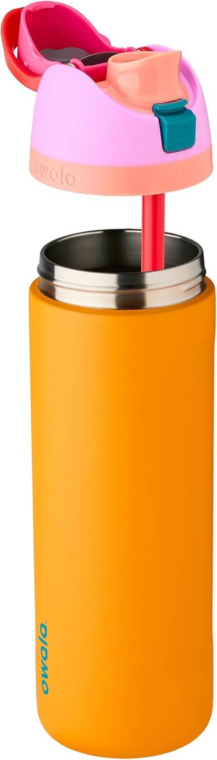 Garrafa Térmica Owala FreeSip - 710ml | 24oz em laranja com tampa rosa e canudo, design moderno para hidratação prática.