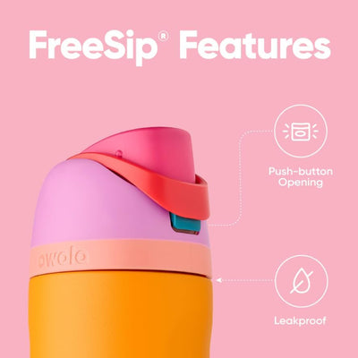 Garrafa térmica Owala FreeSip com design colorido, tampa com abertura por botão, vazamento zero