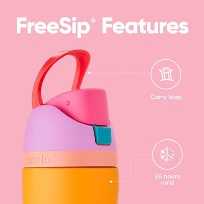 Garrafa térmica Owala FreeSip 710ml laranja com detalhe rosa, alça de transporte e recurso de manter frio por 24 horas.
