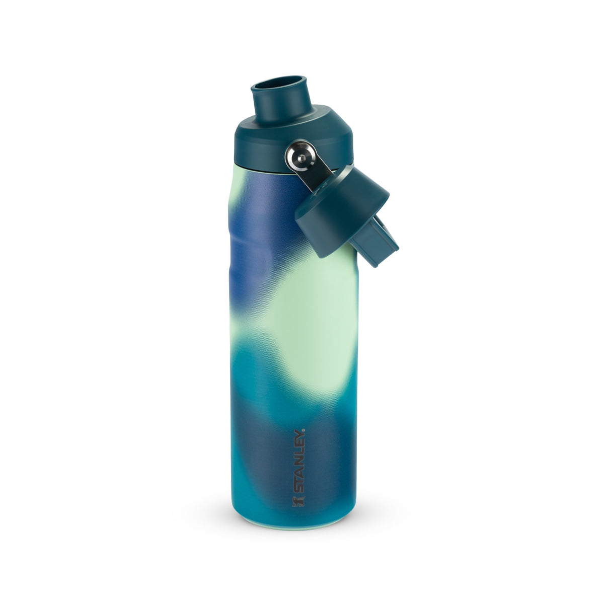 Garrafa Térmica Stanley Aerolight™ Fast Flow 710 ml Coastal Teal Motion, com a tampa aberta