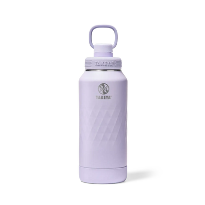 Garrafa Térmica Takeya 950ml Spout Lid Sport roxa, ideal para manter bebidas quentes por 14h e frias por 36h. Garrafa moderna e eficiente.