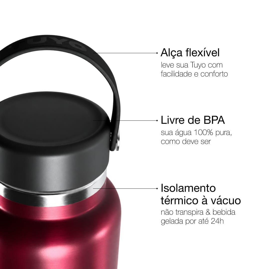 Garrafa Térmica Tuyo 1000 ml Bordô Metálico, infográfico com as características