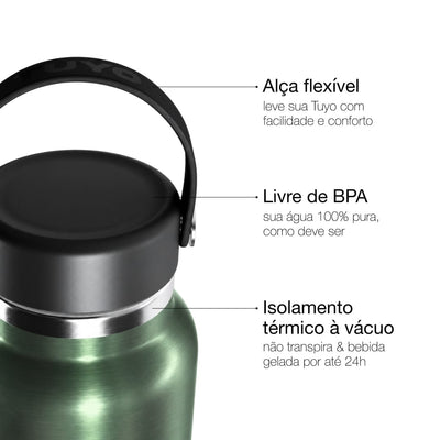 Garrafa Térmica Tuyo 1000 ml Verde Metálico, infográfico com as características