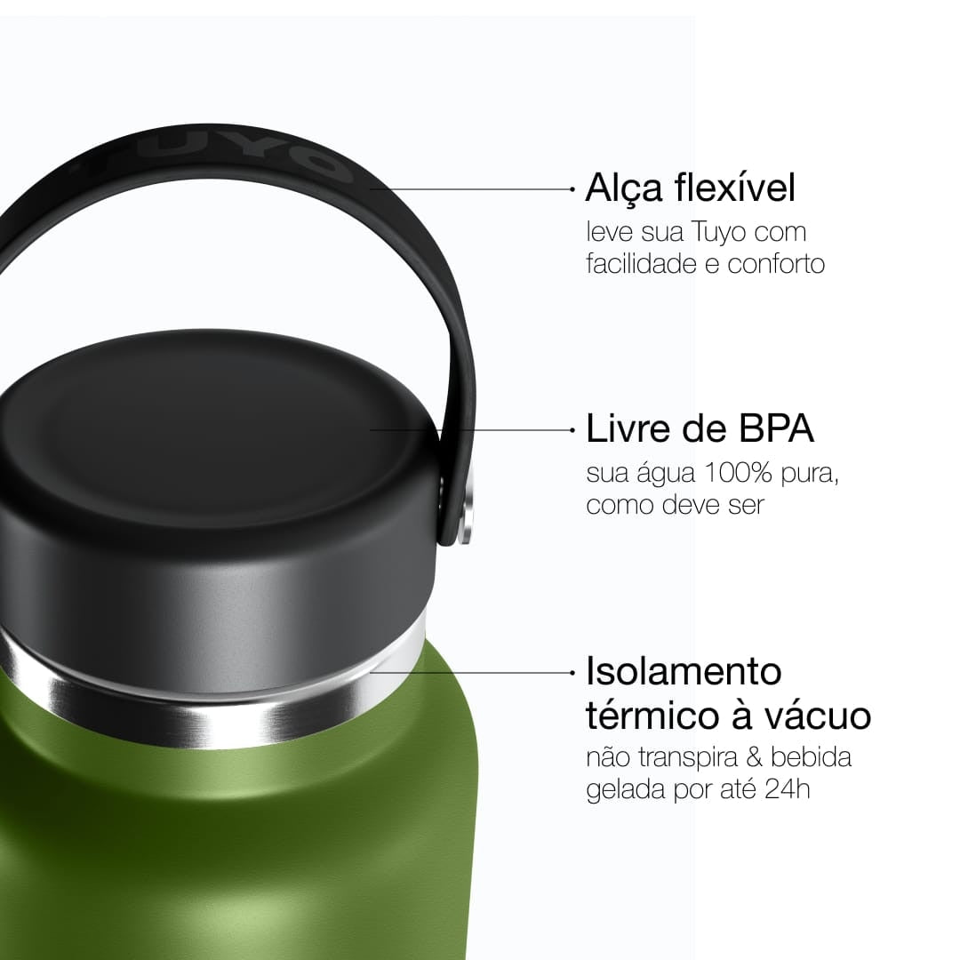 Garrafa Térmica Tuyo 1000 ml Verde Militar, infográfico com as características