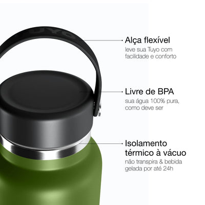 Garrafa Térmica Tuyo 1000 ml Verde Militar, infográfico com as características