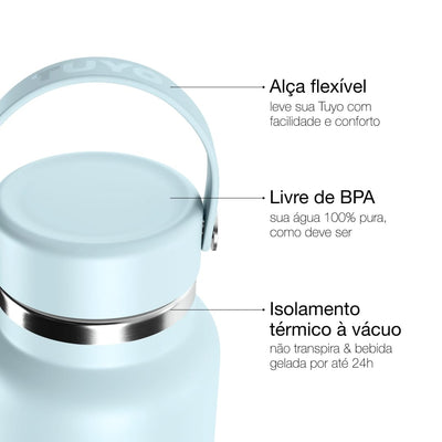 Garrafa Térmica Tuyo 1200 ml Azul Névoa, infográfico com as características