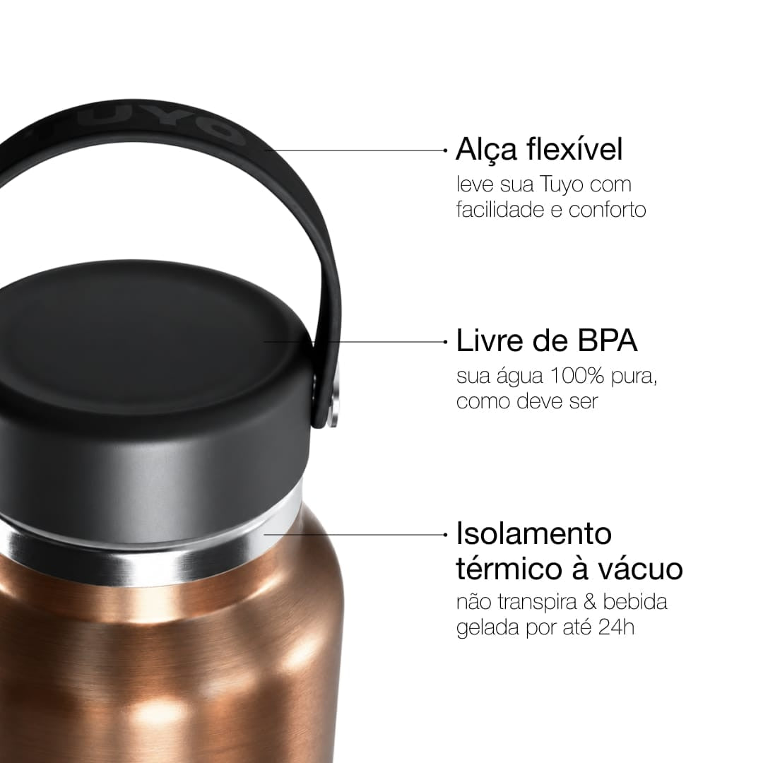Garrafa Térmica Tuyo 1200 ml Marrom Metálico, infográfico com as características
