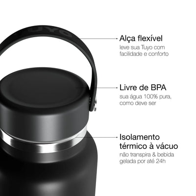 Garrafa Térmica Tuyo 1200 ml Preta, infográfico com as características