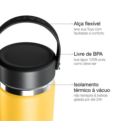 Garrafa Térmica Tuyo 600 ml Amarela, infográfico com as características