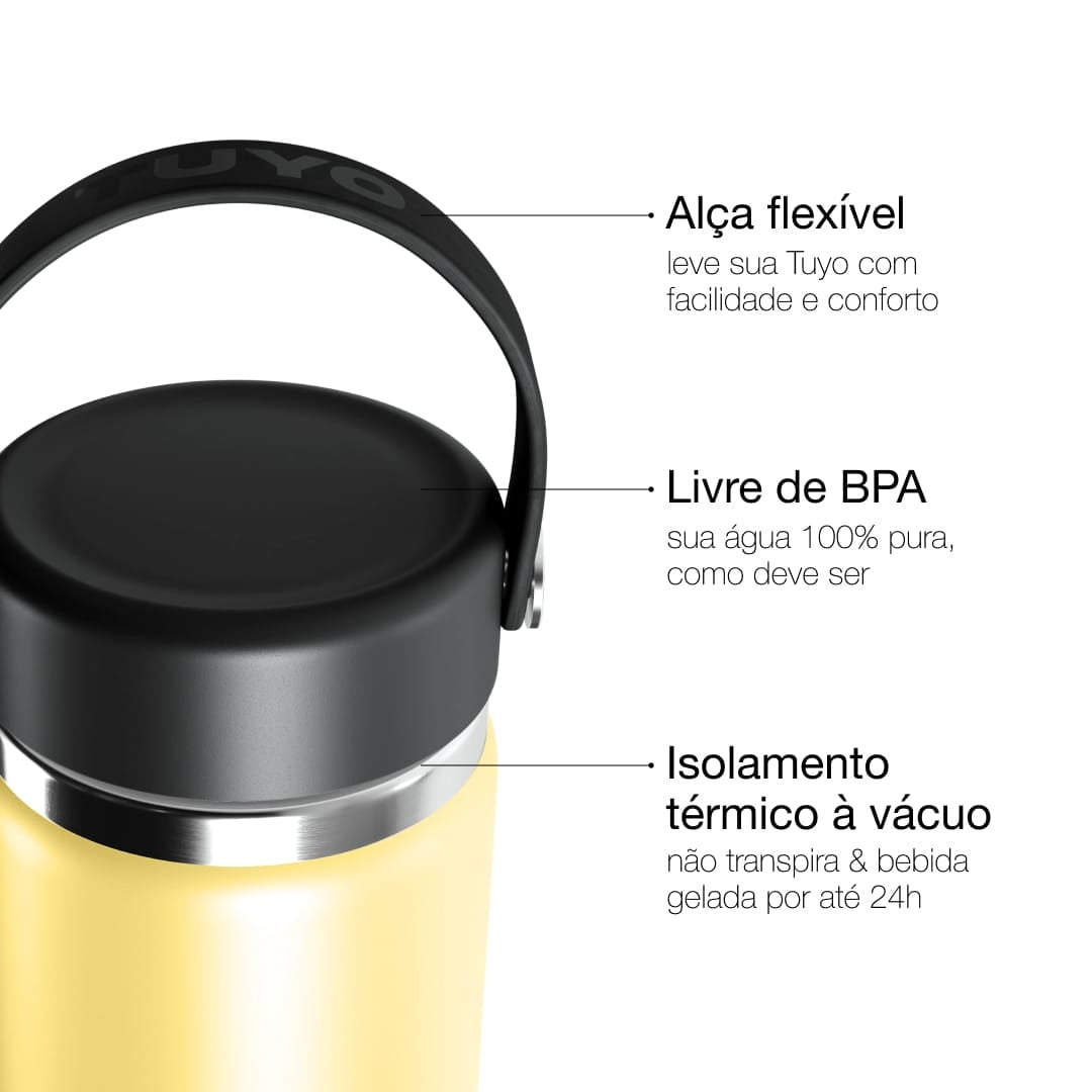 Garrafa Térmica Tuyo 600 ml Amarelo Manteiga, infográfico com as características