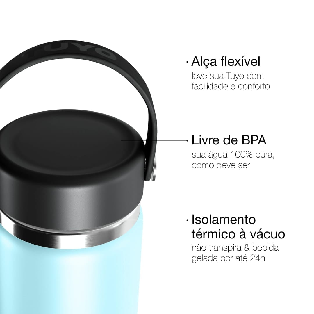 Garrafa Térmica Tuyo 600 ml Azul bebê, infográfico com as características
