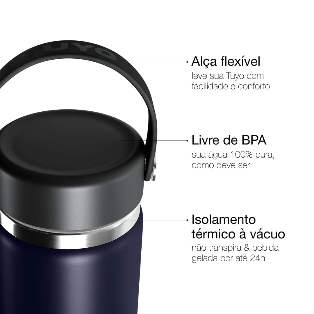 Garrafa Térmica Tuyo 600 ml Azul Marinho, infográfico com as características