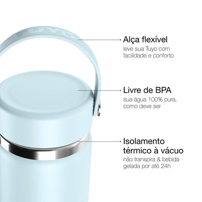 Garrafa Térmica Tuyo 600 ml Azul Névoa, infográfico com as características