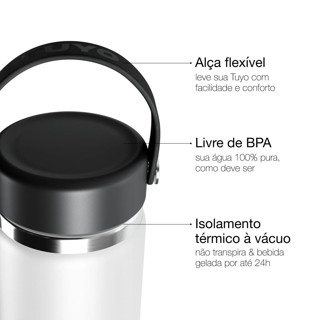 Garrafa Térmica Tuyo 600 ml Branca, infográfico com as características