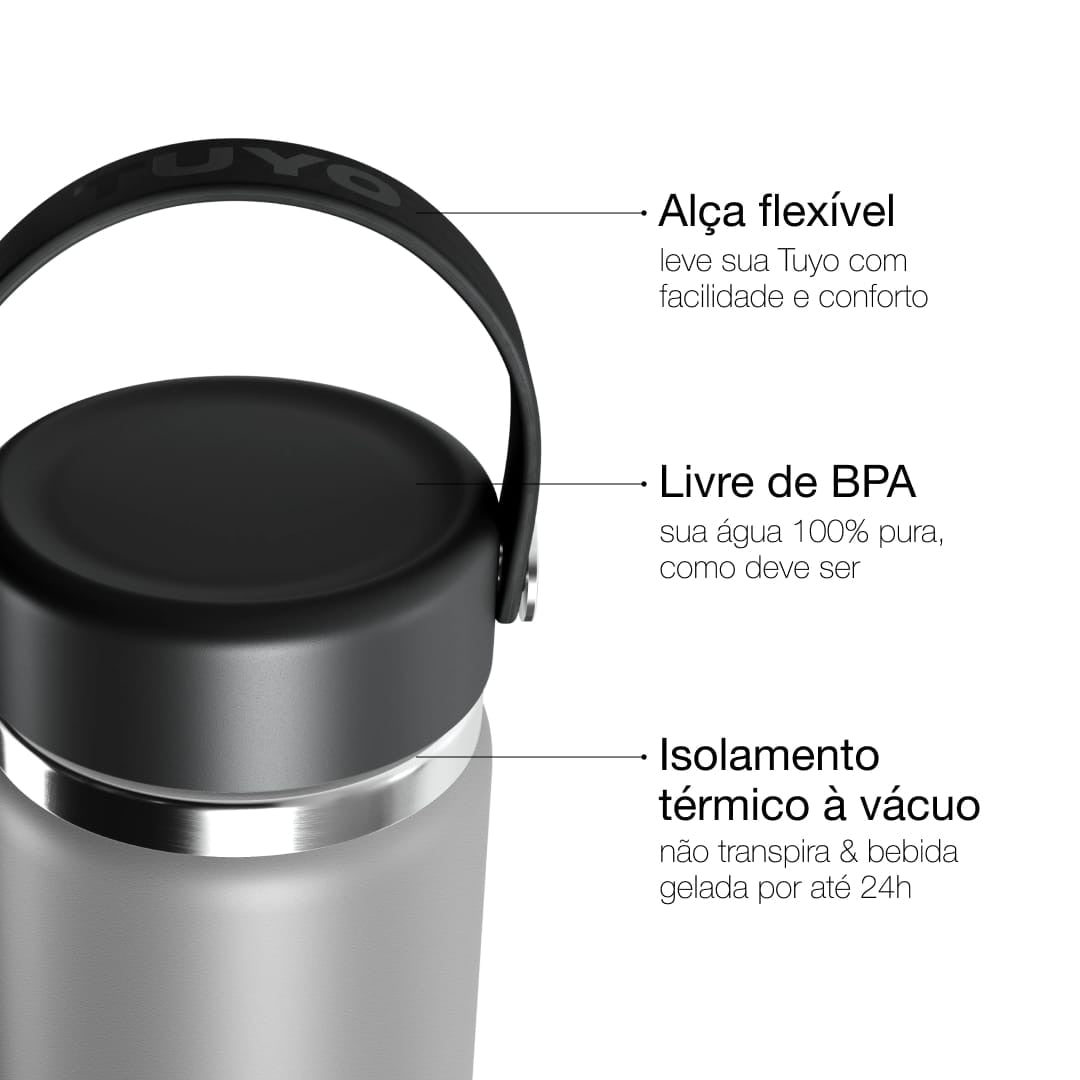 Garrafa Térmica Tuyo 600 ml Grafite, infográfico com as características