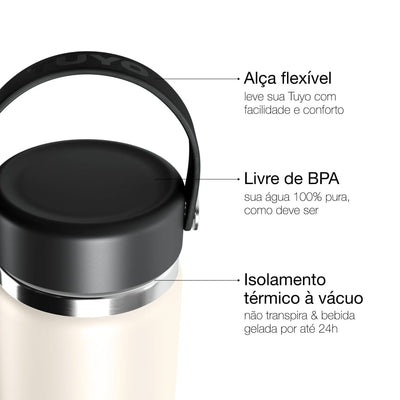 Garrafa Térmica Tuyo 600 ml Off White, infográfico com as características